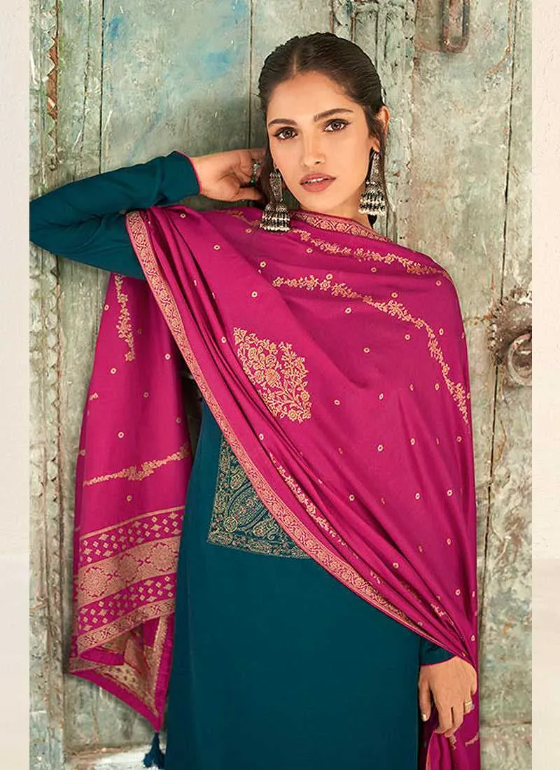 Blue and Pink Splendid Embroidered Pant Style Suit