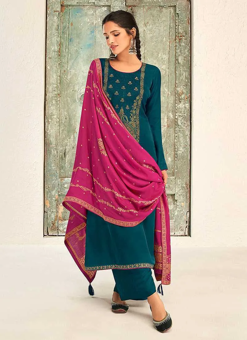 Blue and Pink Splendid Embroidered Pant Style Suit