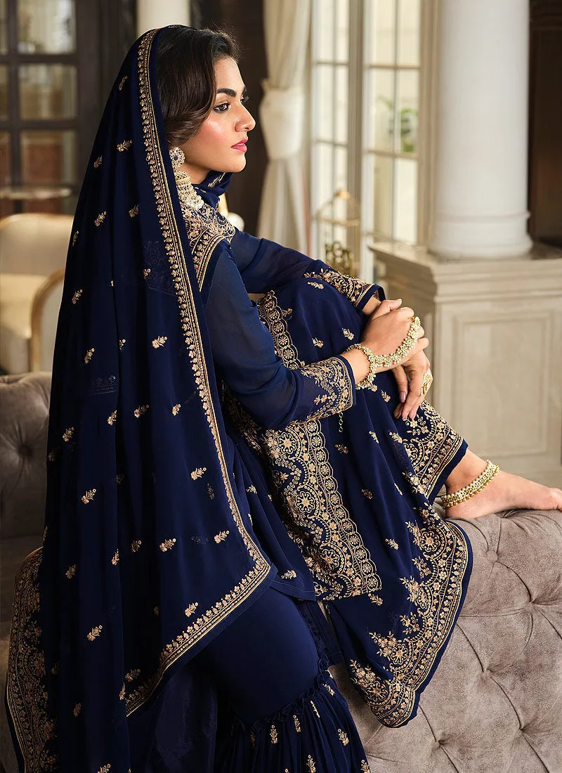 Blue Color Heavy Embroidered Gharara Style Suit