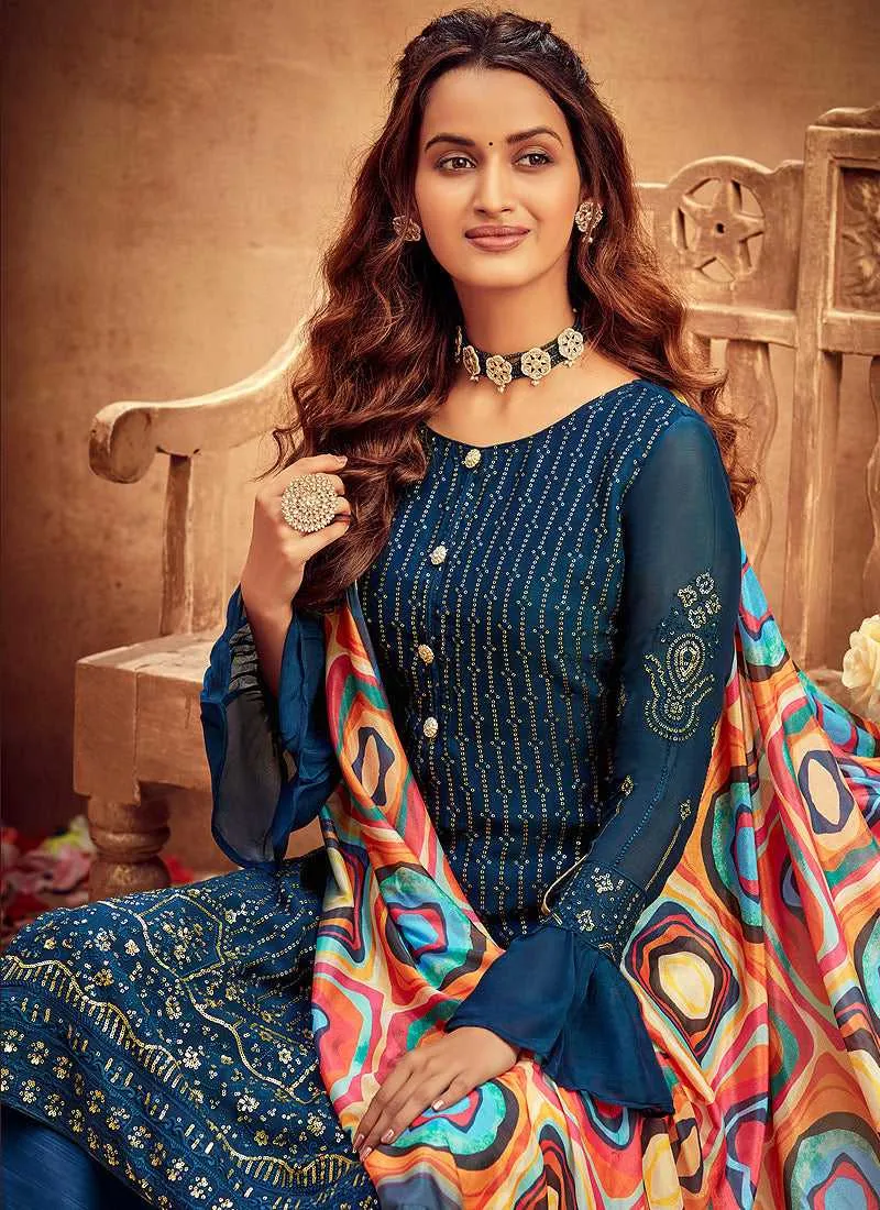 Blue Embroidered Palazzo Style Suit