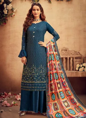 Blue Embroidered Palazzo Style Suit