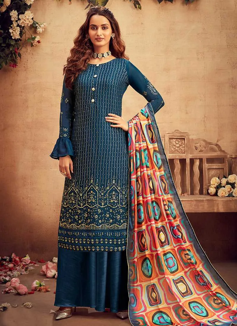 Blue Embroidered Palazzo Style Suit