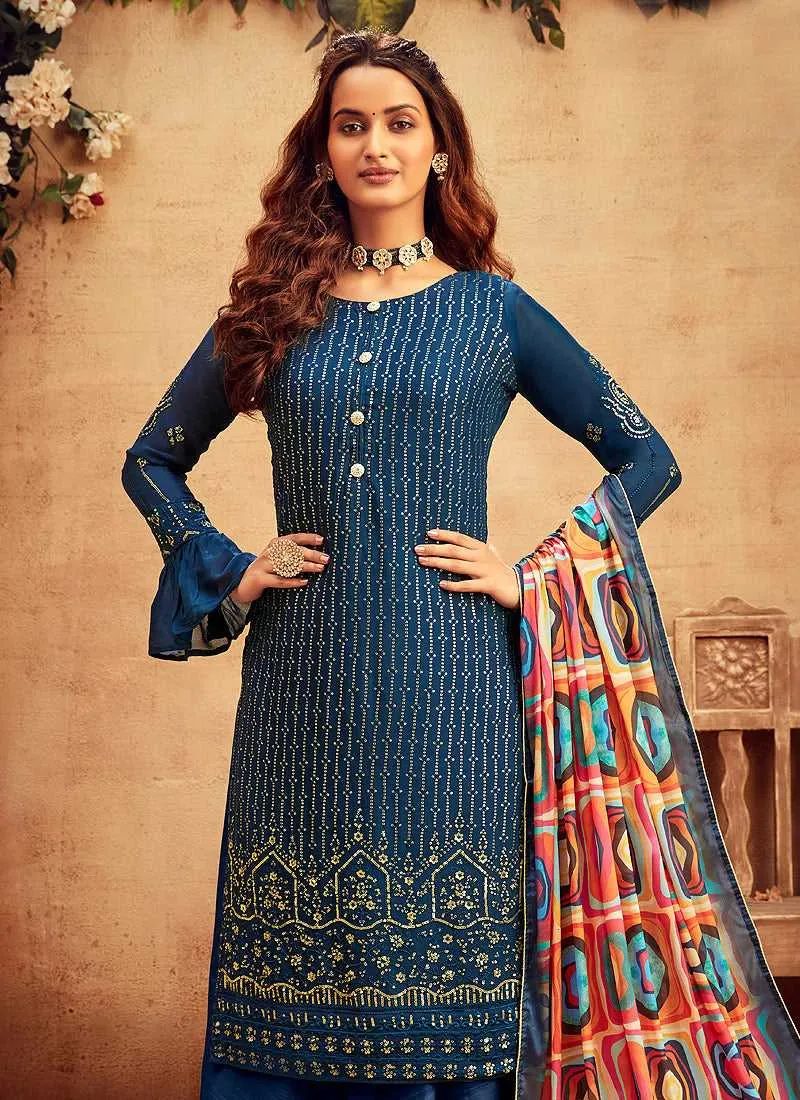 Blue Embroidered Palazzo Style Suit