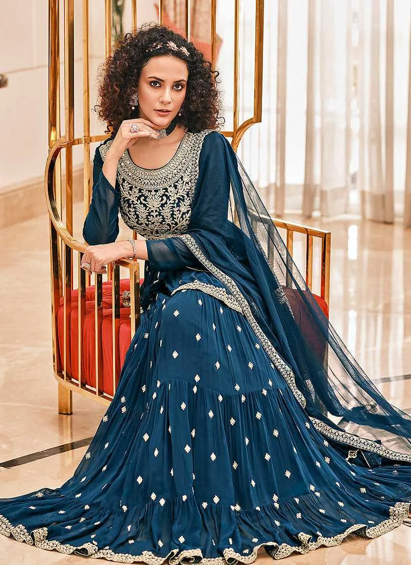 Blue Embroidered Stylish Sharara Style Suit