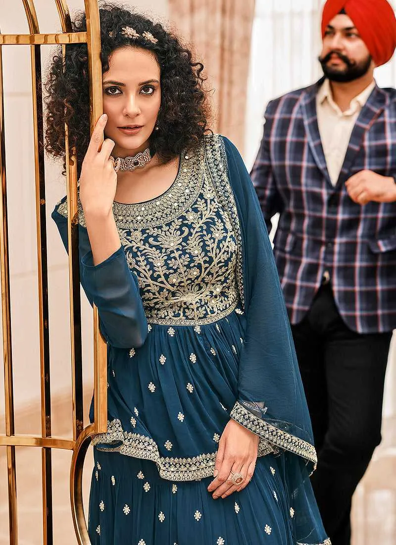Blue Embroidered Stylish Sharara Style Suit