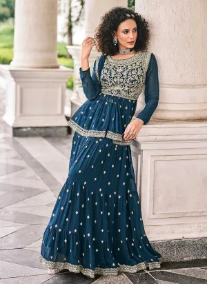 Blue Embroidered Stylish Sharara Style Suit