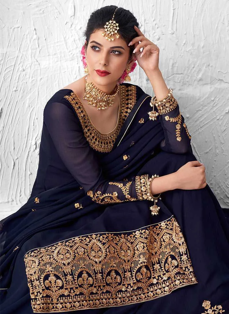 Blue Heavy Embroidered Lehenga Style Anarkali Suit