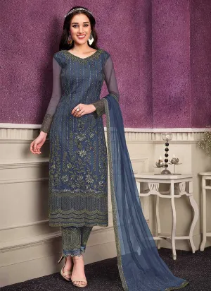Blue Heavy Net Embroidered Straight Pant Style Suit