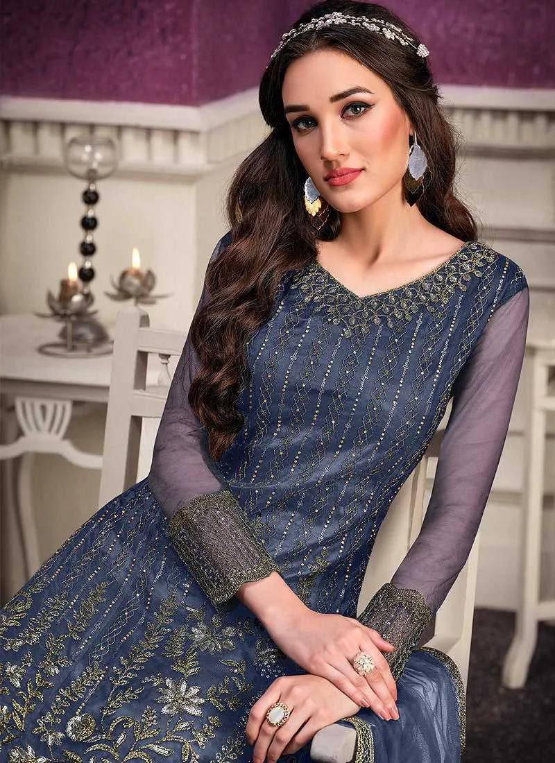 Blue Heavy Net Embroidered Straight Pant Style Suit