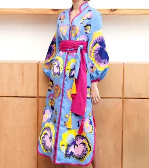 Blue Kaftan with embroidered pansies