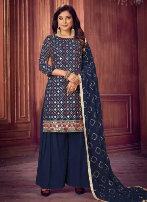 Blue Mirror Embroidered Sharara Style Suit