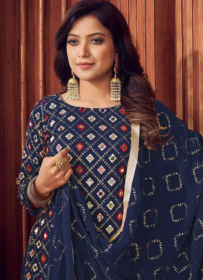 Blue Mirror Embroidered Sharara Style Suit