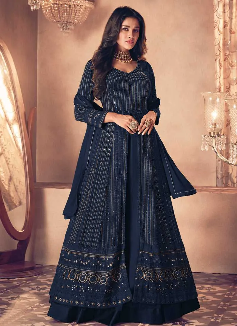 Blue Sequin Embroidered Slit Style Lehenga