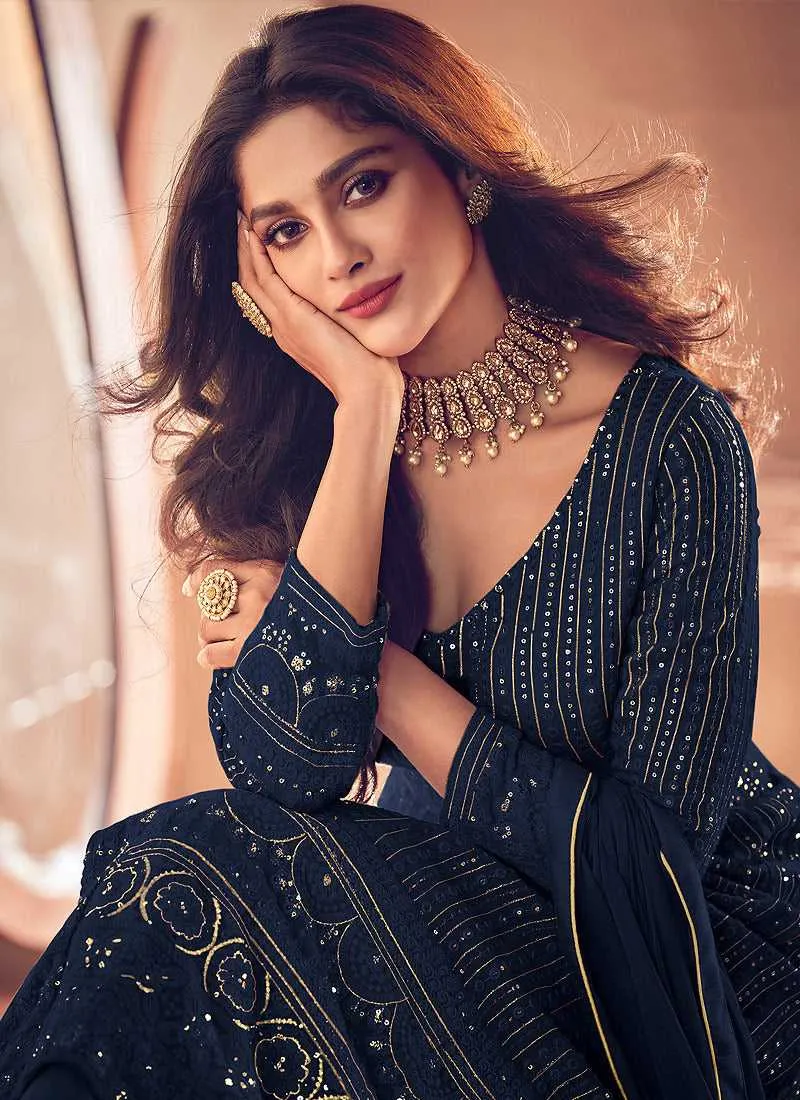 Blue Sequin Embroidered Slit Style Lehenga