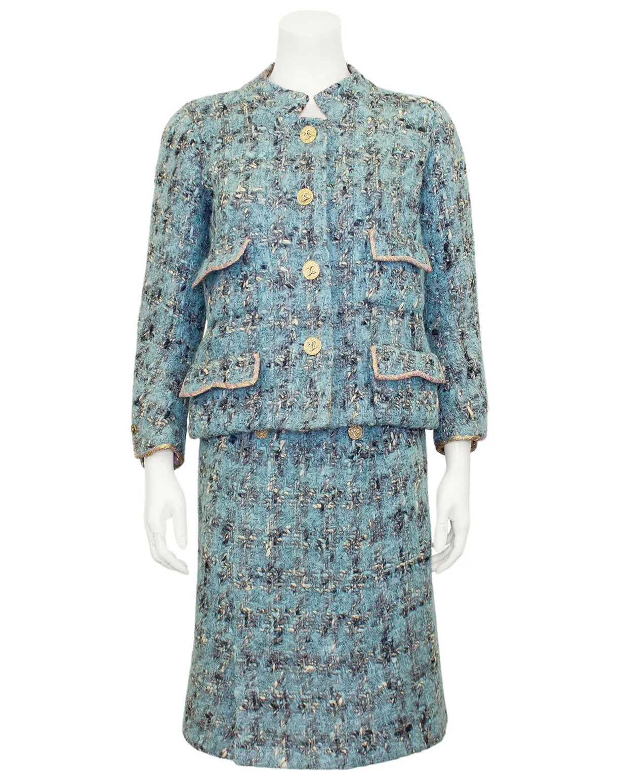 Blue Tweed Haute Couture Jacket and Dress Ensemble
