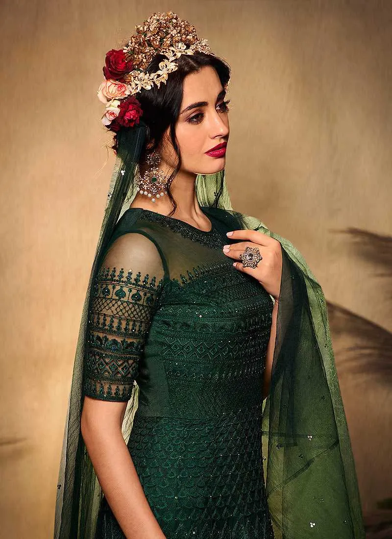 Bottle Green Heavy Embroidered Gown Style Anarkali Suit