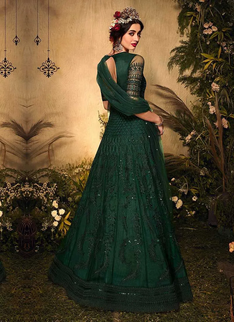 Bottle Green Heavy Embroidered Gown Style Anarkali Suit