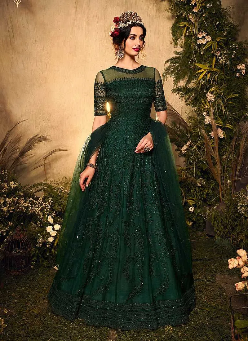 Bottle Green Heavy Embroidered Gown Style Anarkali Suit