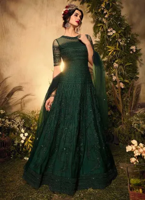 Bottle Green Heavy Embroidered Gown Style Anarkali Suit