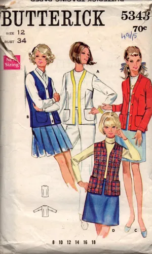 Butterick 5343 Womens Cardigan Style Jacket 1960s Vintage Sewing Pattern Size 12 Bust 34 inches