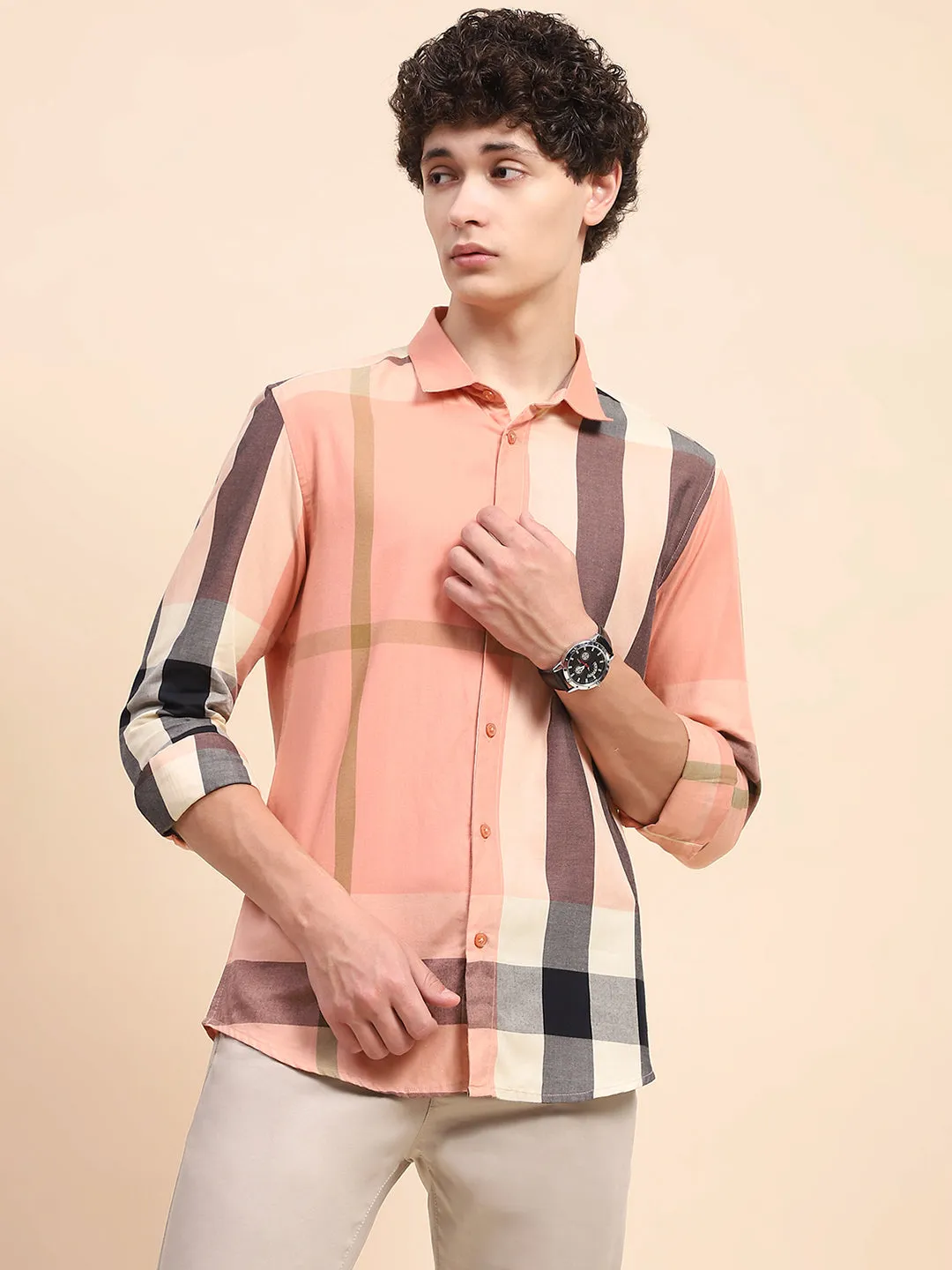 Camla Barcelona Chequered Peach Regular Shirt