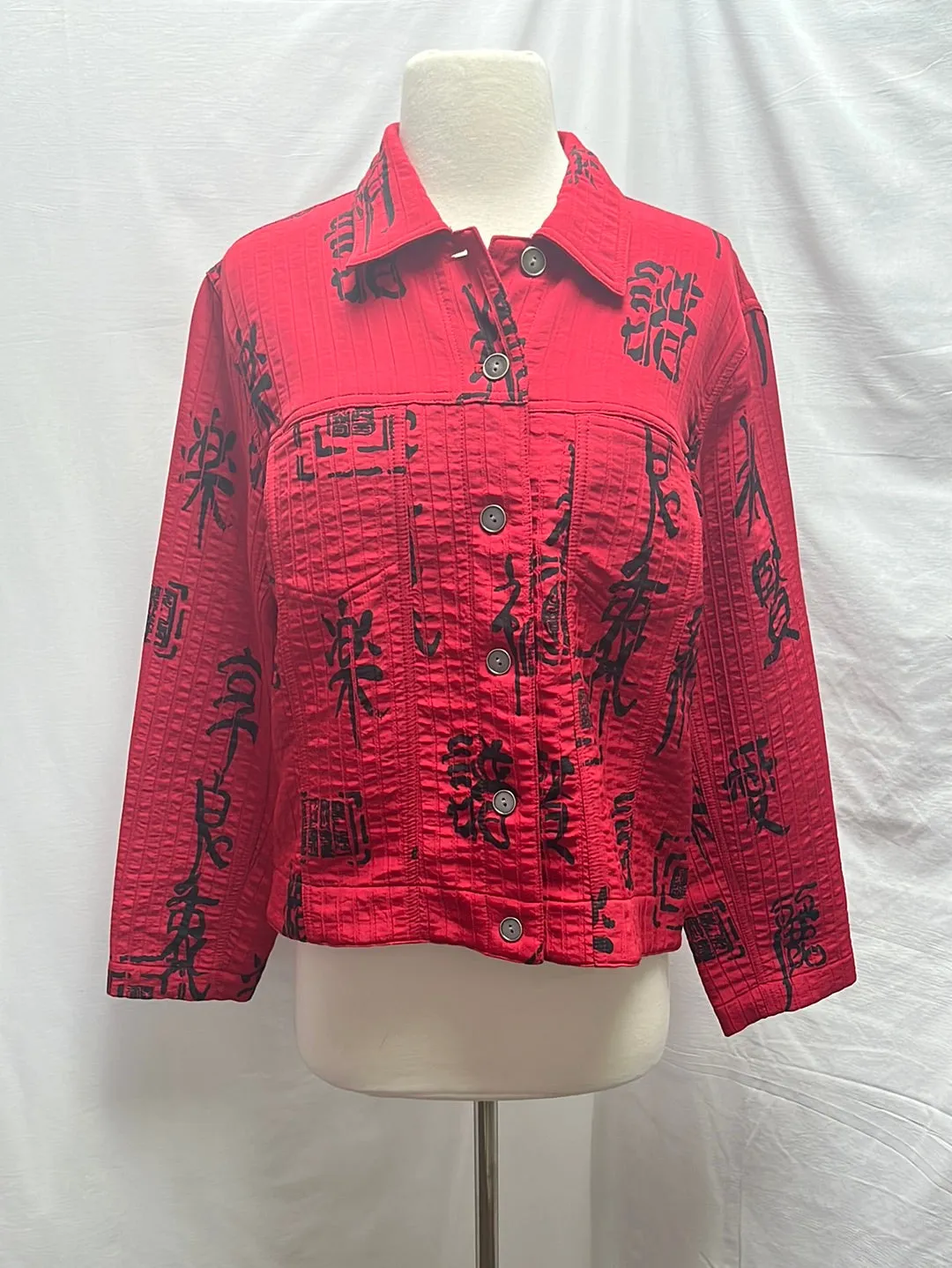 CHICO'S Red Mandarin Script Collared Button Jacket -- 1 | US 8/10 M