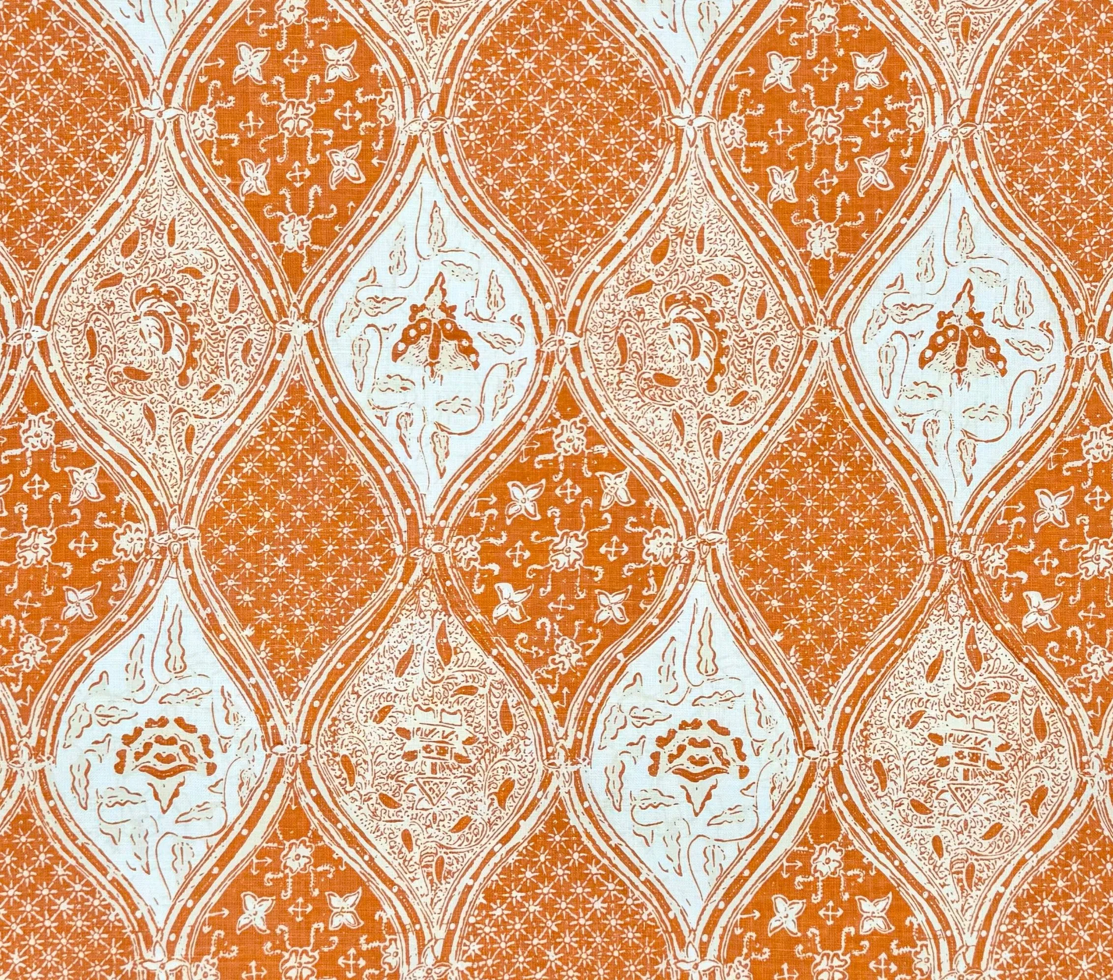China Seas Fabric: Balinese Batik - Custom Orange / Cream on White Belgian Linen / Cotton