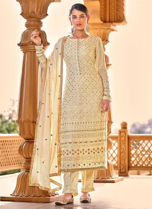 Cream Heavy Embroidered Straight Pant Style Suit