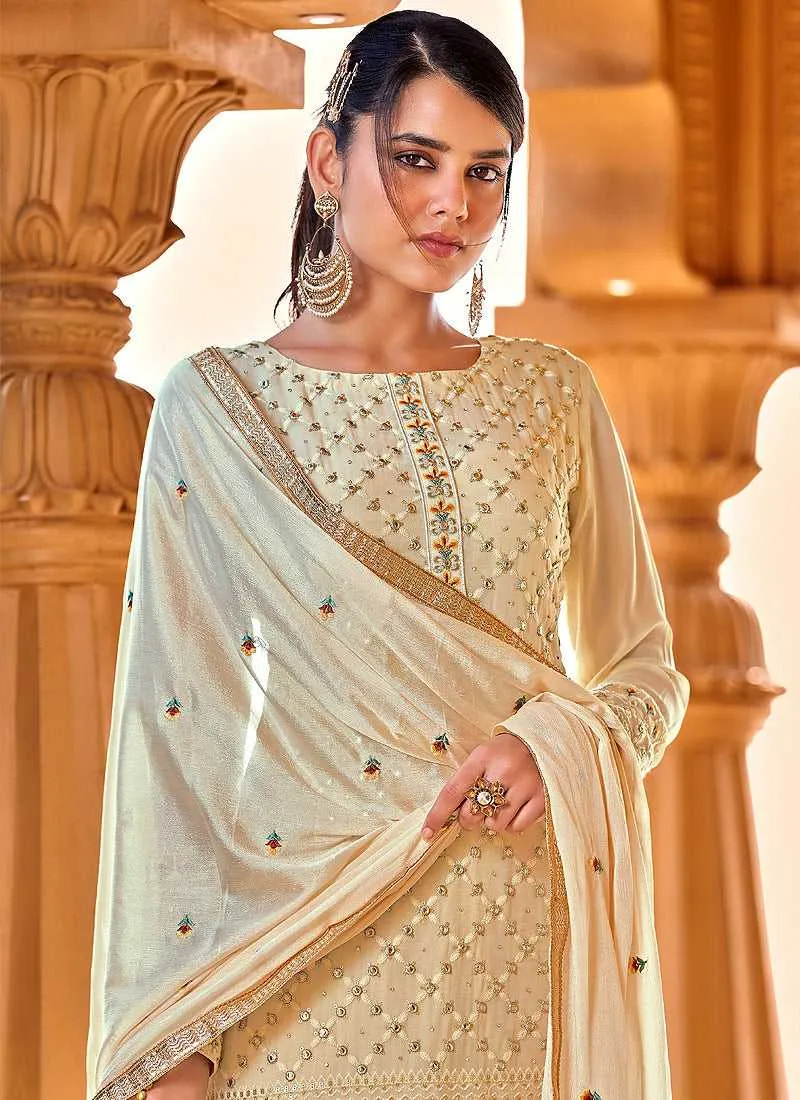 Cream Heavy Embroidered Straight Pant Style Suit