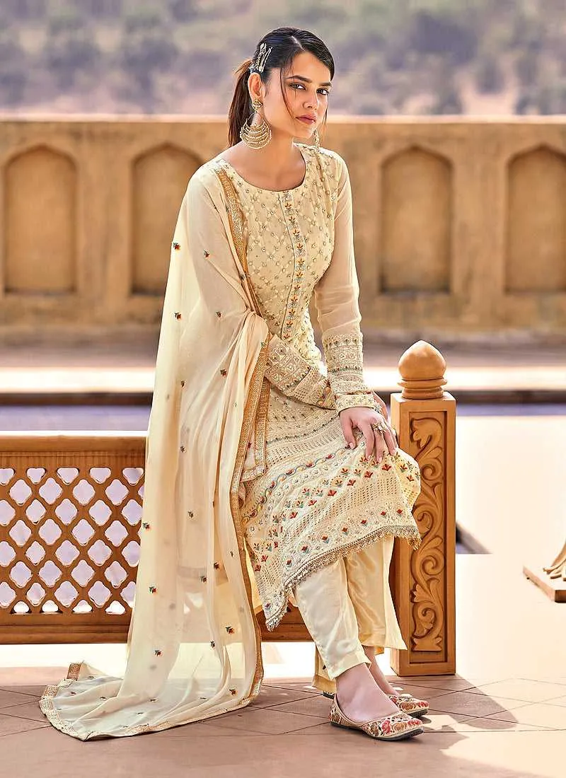 Cream Heavy Embroidered Straight Pant Style Suit