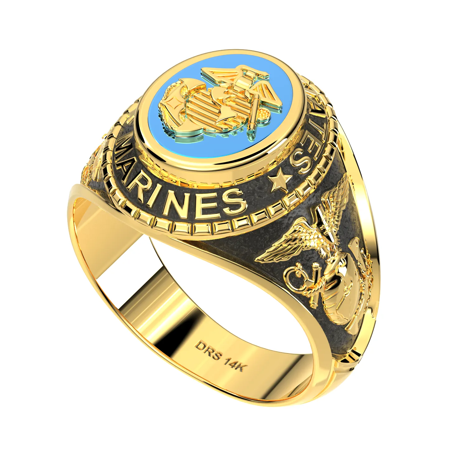 Customizable Men's Antiqued 14k Yellow or White Gold United States Marine Corps Military Solid Back Ring