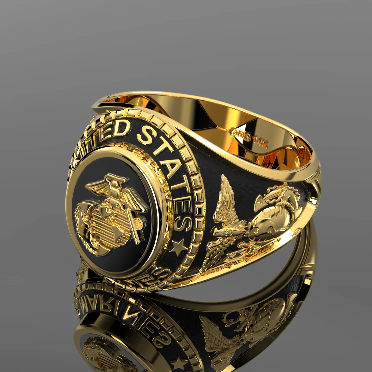 Customizable Men's Antiqued 14k Yellow or White Gold United States Marine Corps Military Solid Back Ring