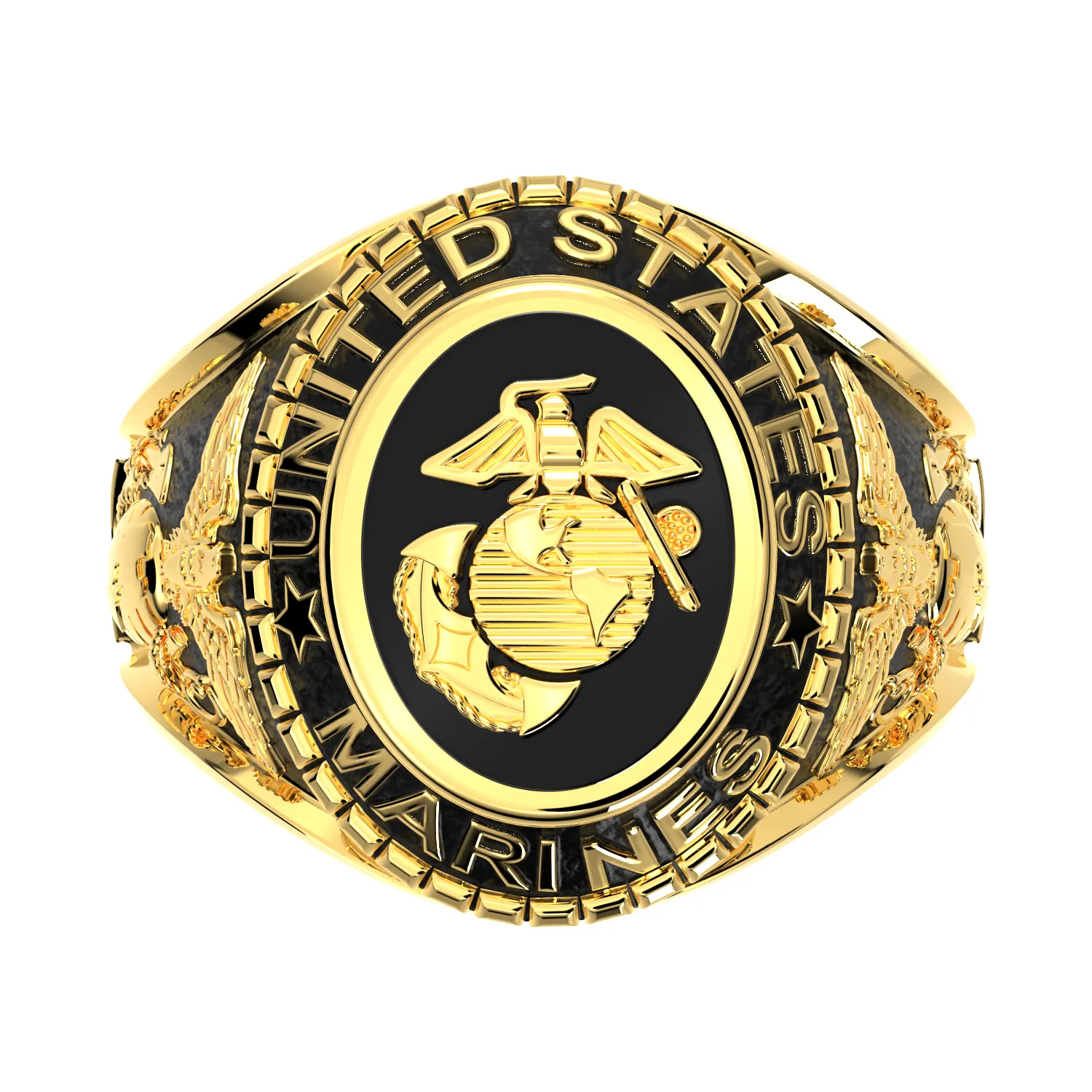 Customizable Men's Antiqued 14k Yellow or White Gold United States Marine Corps Military Solid Back Ring