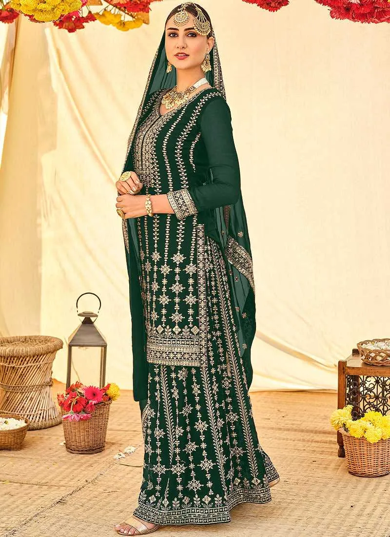 Dark Green Embroidered Stylish Palazzo Style Suit