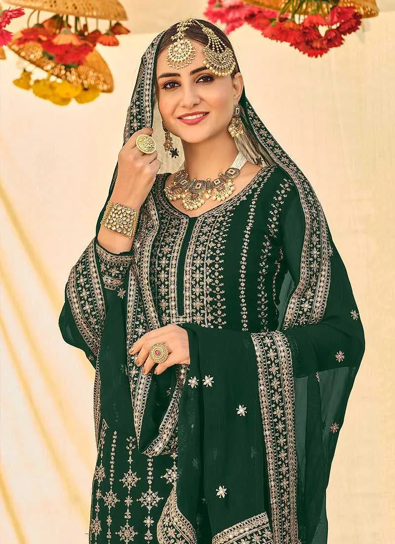 Dark Green Embroidered Stylish Palazzo Style Suit