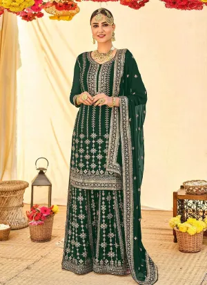 Dark Green Embroidered Stylish Palazzo Style Suit