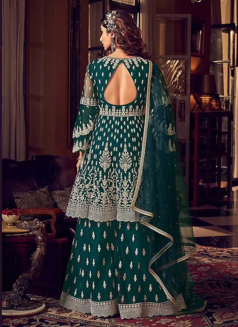 Dark Green Heavy Embroidered Sharara Style Suit