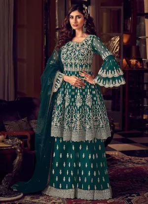 Dark Green Heavy Embroidered Sharara Style Suit
