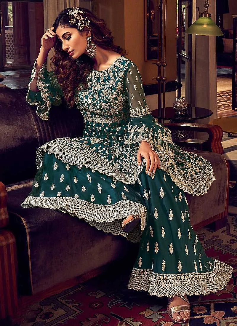 Dark Green Heavy Embroidered Sharara Style Suit