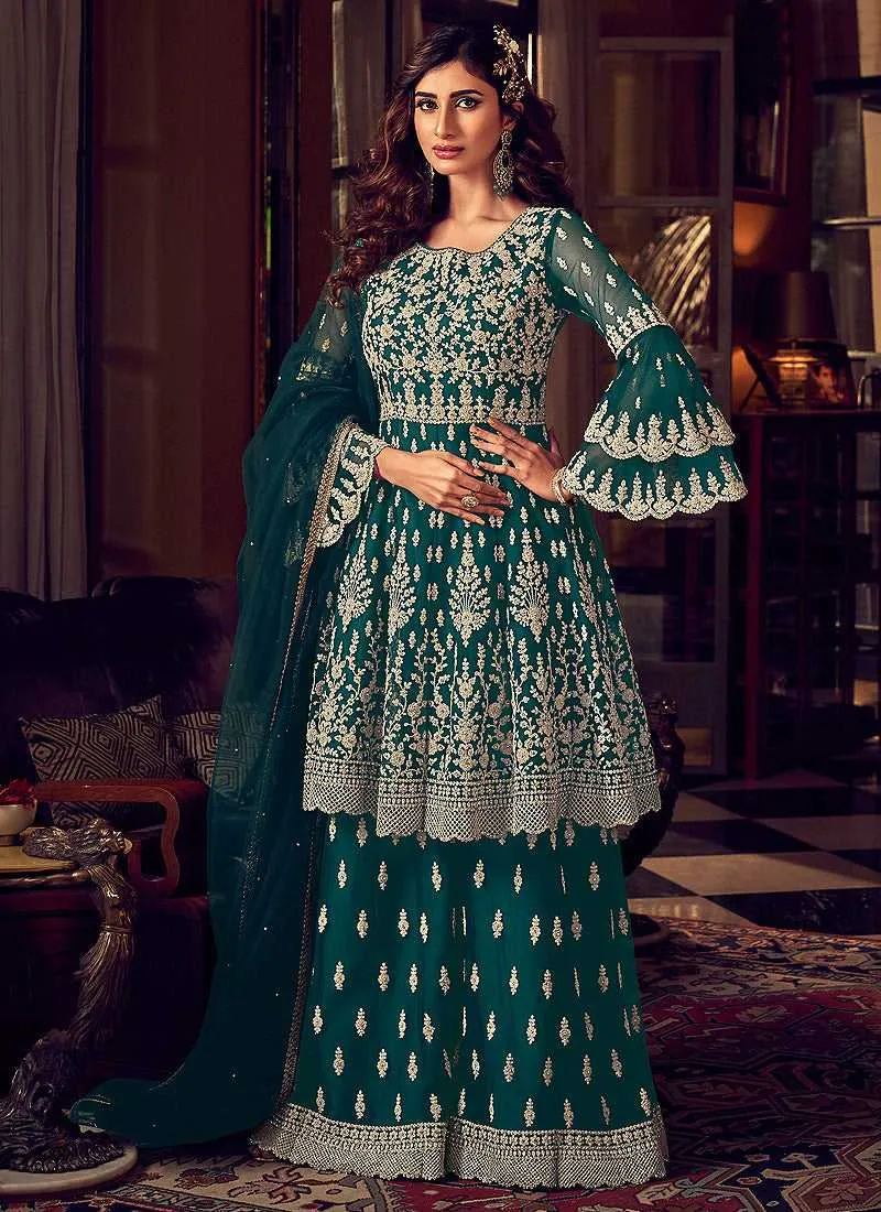 Dark Green Heavy Embroidered Sharara Style Suit