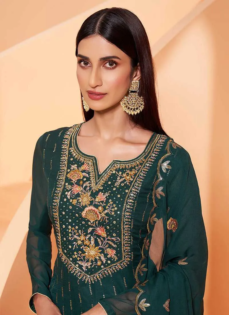 Dark Green Sequins Embroidered Gharara Style Suit