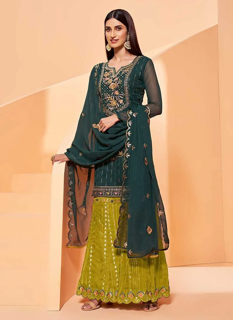 Dark Green Sequins Embroidered Gharara Style Suit