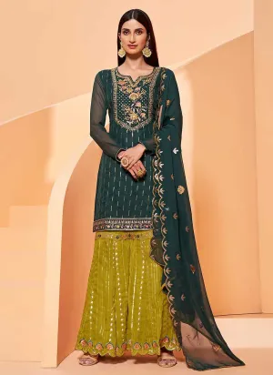 Dark Green Sequins Embroidered Gharara Style Suit