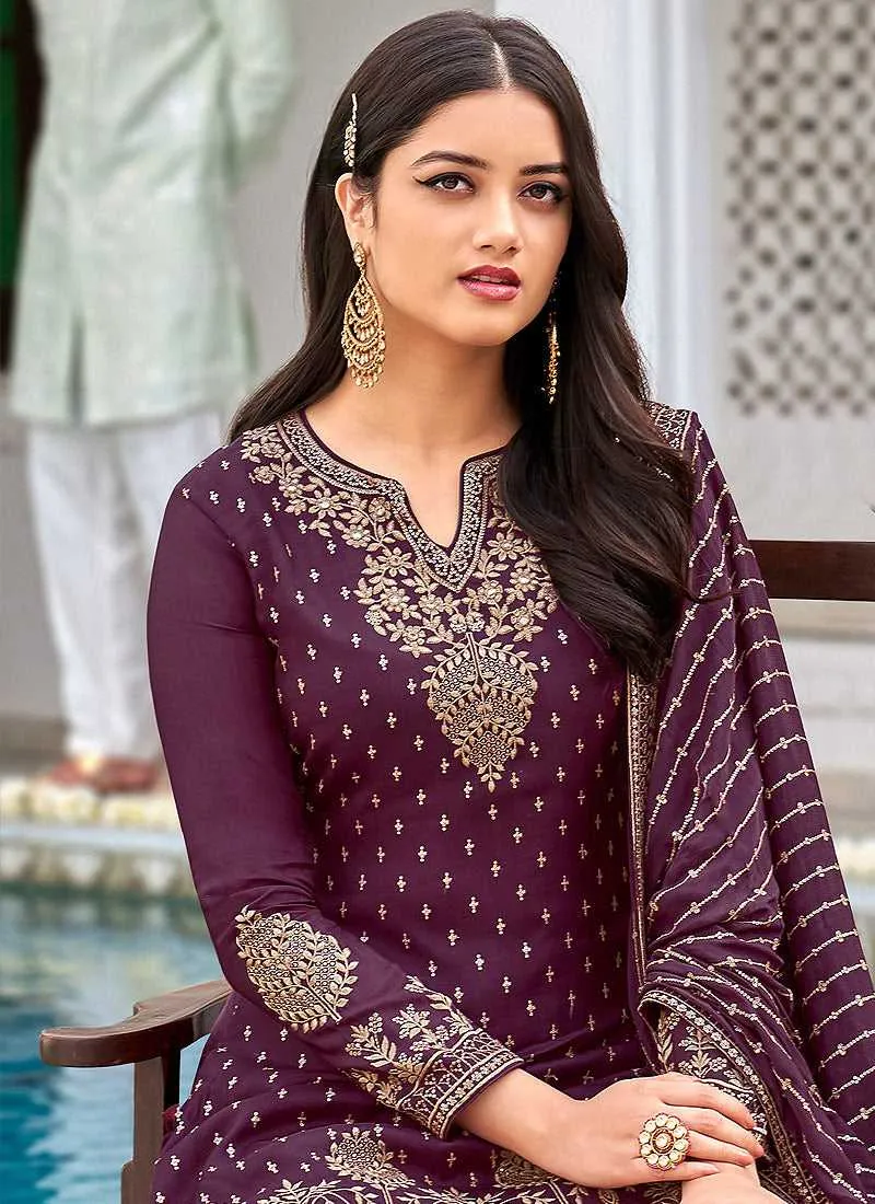 Dark Purple Heavy Embroidered Palazzo Style Suit