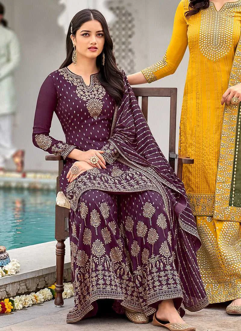 Dark Purple Heavy Embroidered Palazzo Style Suit