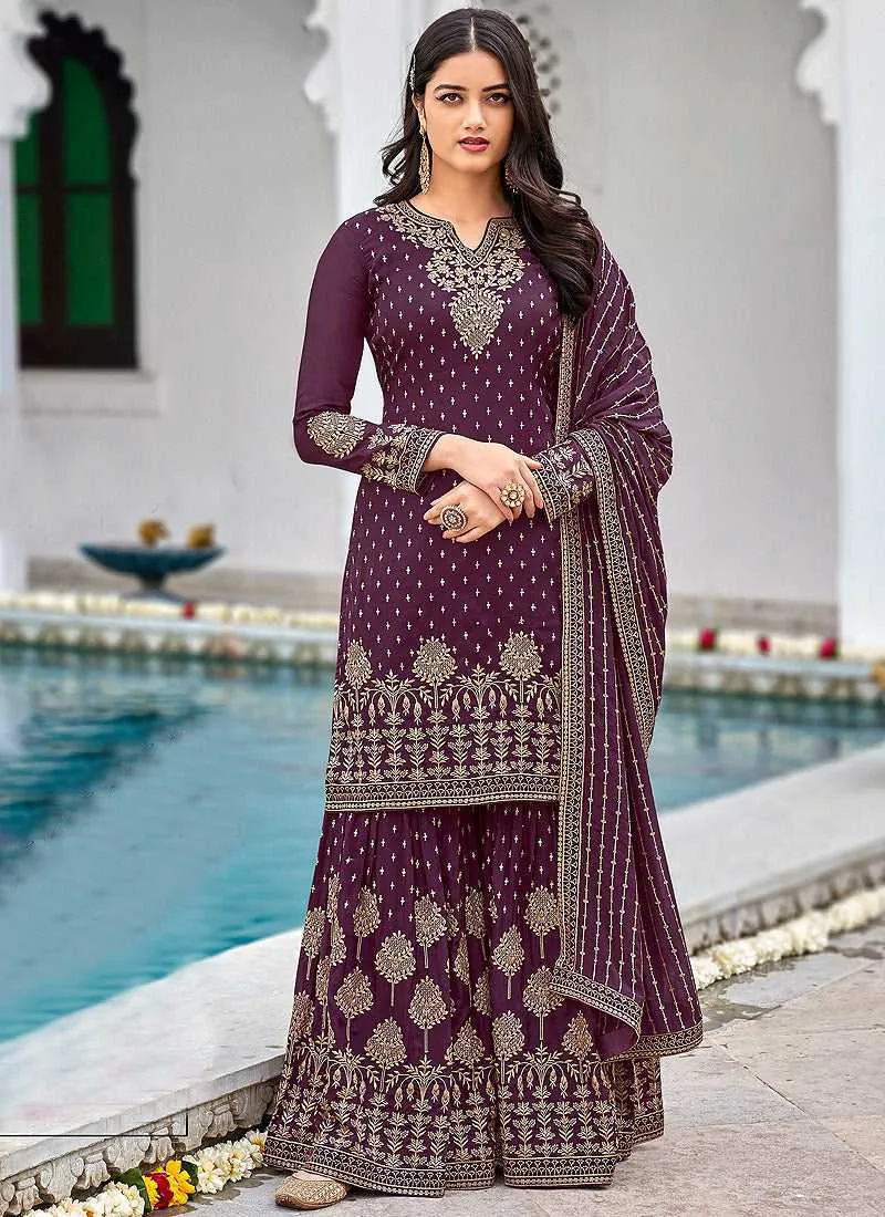 Dark Purple Heavy Embroidered Palazzo Style Suit