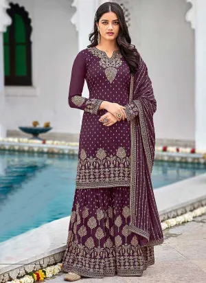 Dark Purple Heavy Embroidered Palazzo Style Suit
