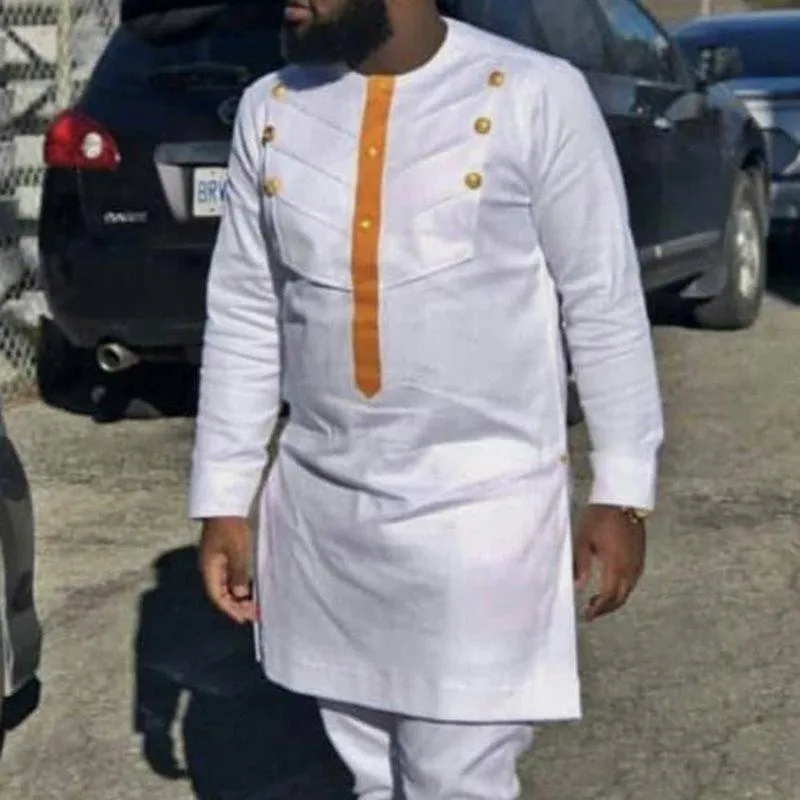 Dashiki Men's Shirt Bazin Rich for Man African Men Clothes Casual White Round Neck Fall Autumn Long Sleeve Dashiki Long Shirt