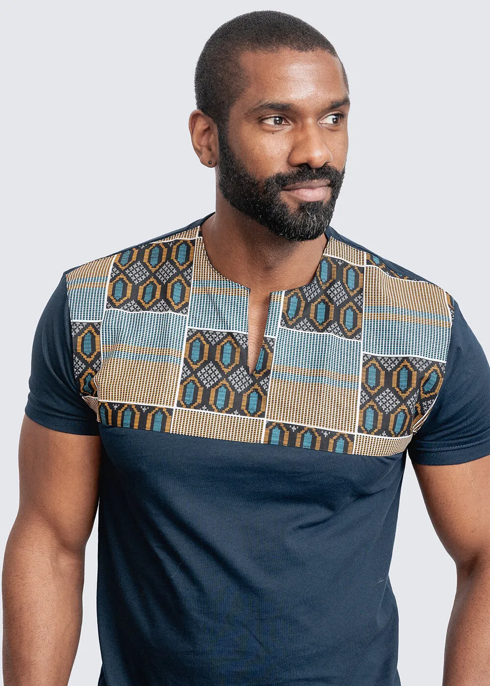 Dayo Men's African Print T-Shirt (Blue/Tan/Navy)