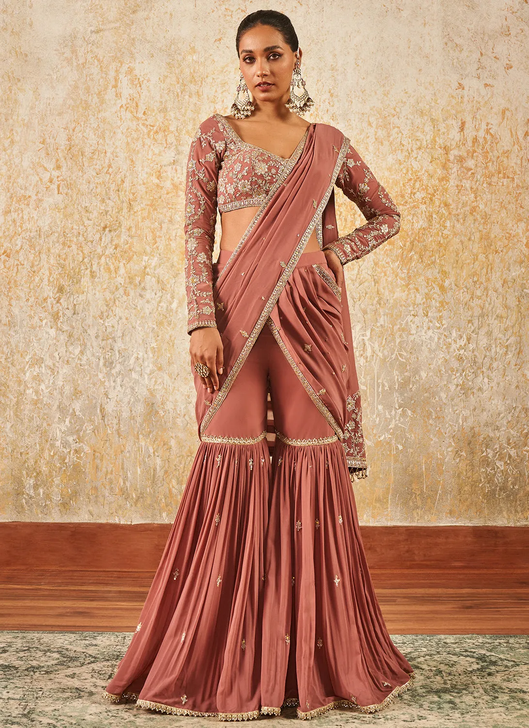 Dusty Rose Embroidered Gharara Style Saree